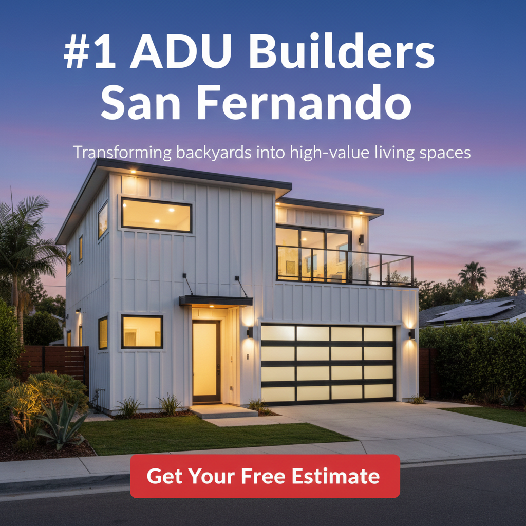 Modern detached ADU and garage conversion built by ADU Builders in San Fernando Valley with sunset lighting.