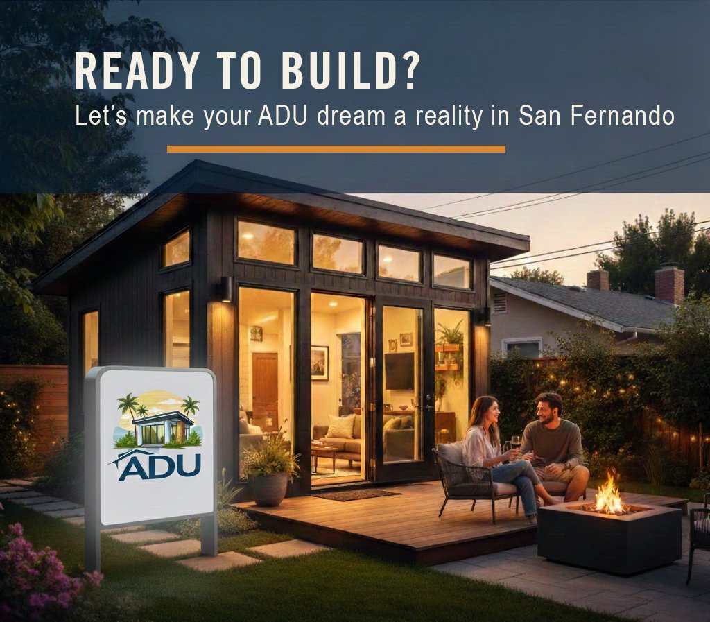 Custom modern accessory dwelling unit with outdoor seating and fire pit in a San Fernando backyard.